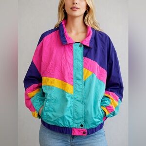 90s Inspired Colorblock Windbreaker Jacket – Size Large Neon Pink Teal Purple